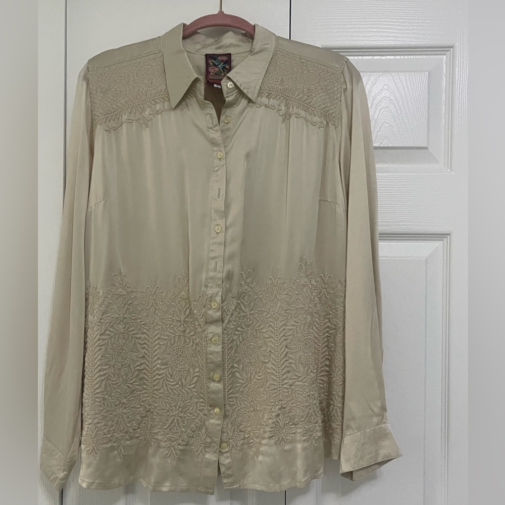 Johnny Was Tan Long Sleeve Button Down Blouse